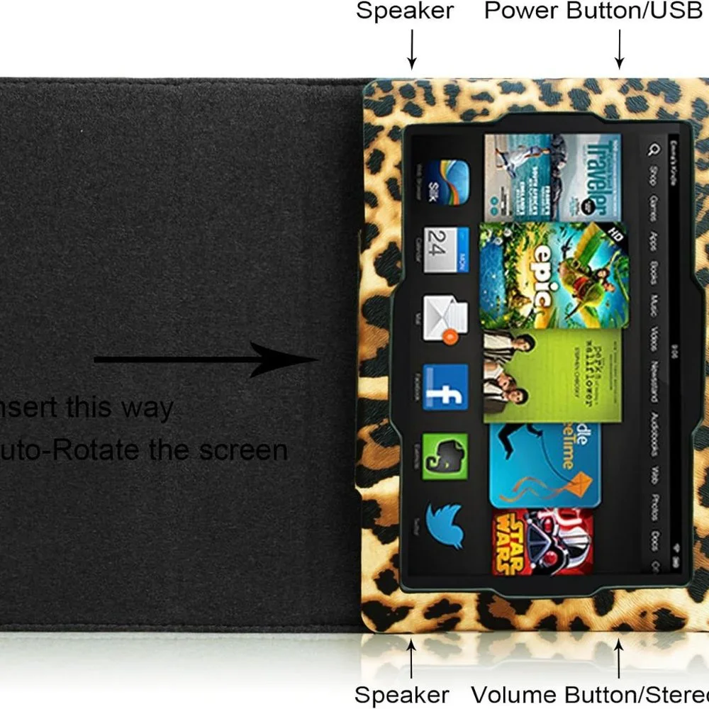 NWOT Kindle Fire HD 7 Leopard Folio Case w/ Auto Sleep/Wake Feature